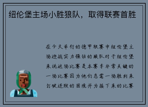 纽伦堡主场小胜狼队,取得联赛首胜