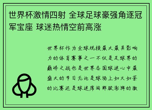 世界杯激情四射 全球足球豪强角逐冠军宝座 球迷热情空前高涨