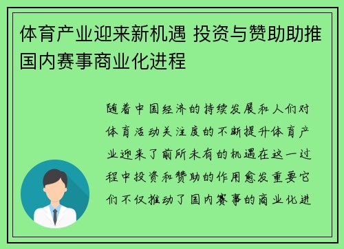 体育产业迎来新机遇 投资与赞助助推国内赛事商业化进程